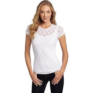 Only Hearts Women's Stretch Lace Cap Sleeve Crew Neck Tee in Magenta Size Large